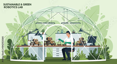 Futuristic robotics laboratory with sustainable design elements, showcasing innovative technology