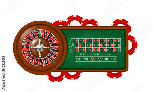 Roulette wheel, roulette table and chips. Vector illustration.