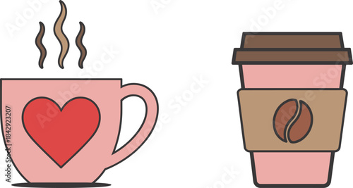 Cute coffee cup and takeaway drink illustration featuring heart design and coffee bean sleeve, perfect for café branding, cozy beverage artwork, and warm drink concepts.