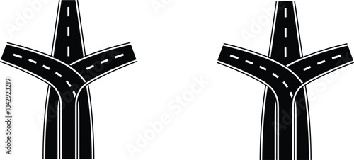 Curved highway fork icons showing splitting roadway paths with dashed lane markings, representing navigation choices, travel routes, traffic direction, mapping, and transportation planning concepts.