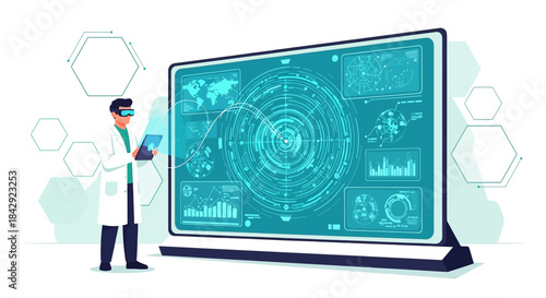 Futuristic science: Scientist analyzes data on a large interactive screen with virtual reality