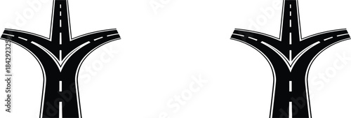 Three-Way Road Intersection Illustrations in Black and White Styles for Traffic Design, Highway Planning, and Urban Infrastructure Projects