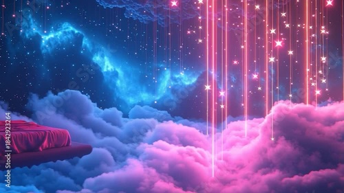 Dreamy Neon Cloudscape with Glowing Beams and Cosmic Elements.