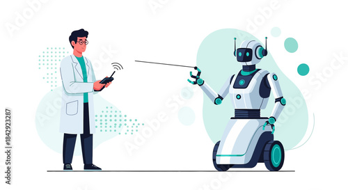 Futuristic scientist controlling robot assistant with advanced technology for innovation