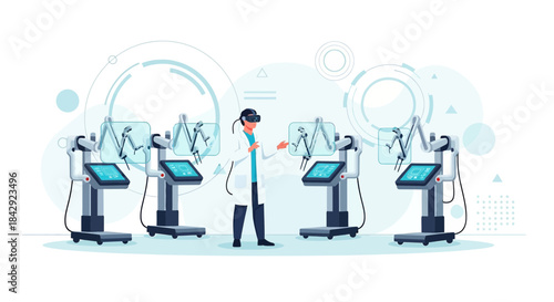 Futuristic surgeon wearing virtual reality headset operating robotic surgical system in laboratory