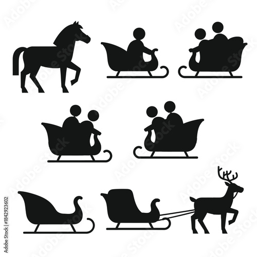 Black silhouette set of winter sleighs pulled by horses and reindeer