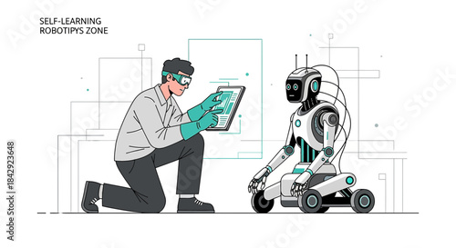 Futuristic technology partnership, engineer interacting with a self-learning robot through a