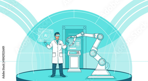 Futuristic technology featuring a scientist developing artificial intelligence with robotic arm