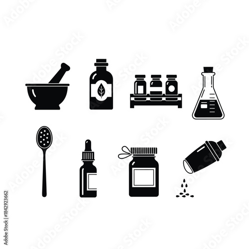 Vintage apothecary tools and equipment in black and white illustration style