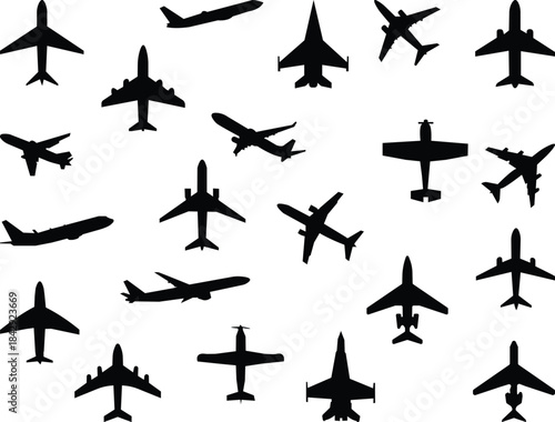 Black airplane icon set in flat style, aviation silhouette collection featuring jet, aircraft and flight symbol group, minimal monochrome transport vector illustration pack with synonym elements