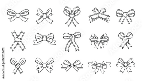 Ribbon Bow Outline Set Decorative Gift Tying Sketch Vector Collection