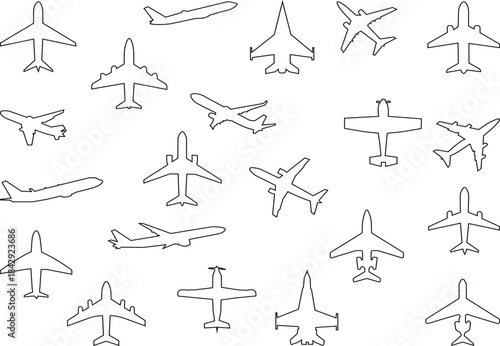 Black airplane icon set in line style, aviation silhouette collection featuring jet, aircraft and flight symbol group, minimal monochrome transport vector illustration pack with synonym elements