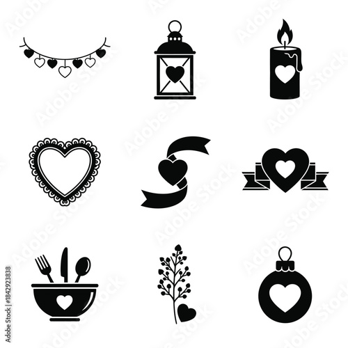 Black and white collection of romantic symbols including hearts flowers and decorative lanterns