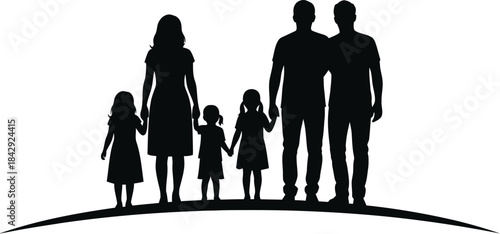 A silhouette of a family with parents and three children standing together