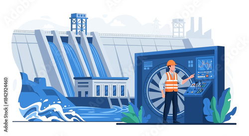Hydroelectric Power Plant Illustration with Engineer Controlling Turbine Operations, Highlighting