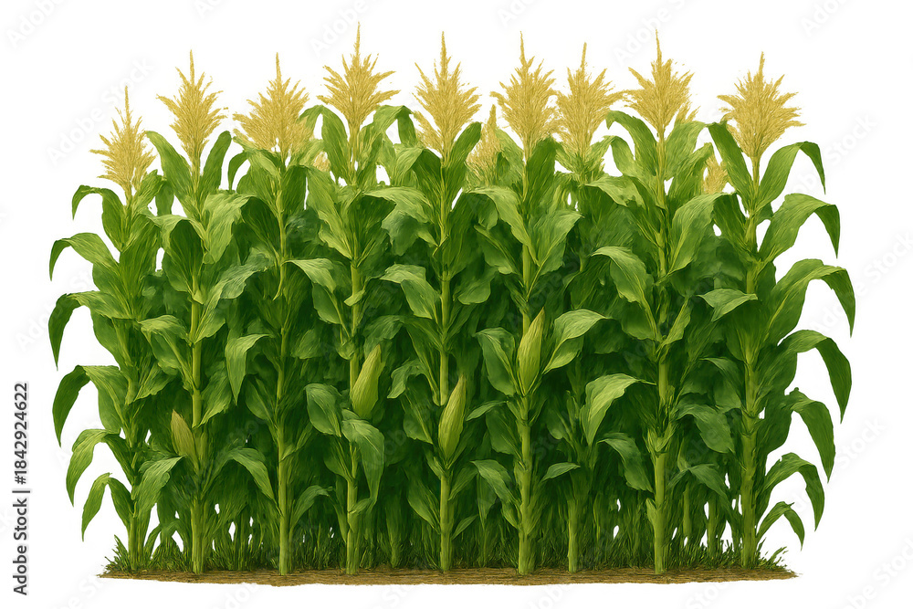 Obraz premium Green corn plants growing in a row, tasseling with yellow silks, ready for harvest, transparent background