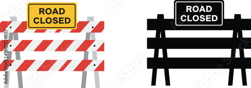 Road Closed Barricade Signs in Detailed and Silhouette Styles for Traffic Control, Construction Alerts, and Safety Design Projects