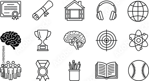 Black and White Icon Set Representing Education, Science, Achievement, and Recreation for Infographics, School Materials, and Digital Design Use