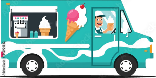 Colorful ice cream truck with a smiling vendor serving delicious treats