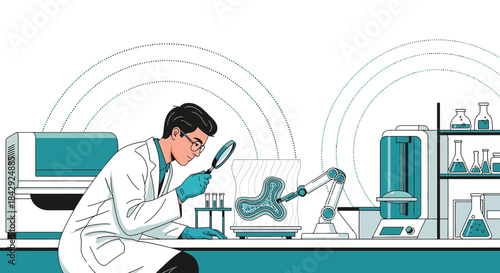 Illustration depicting a scientist examining a cell sample within a advanced laboratory environment