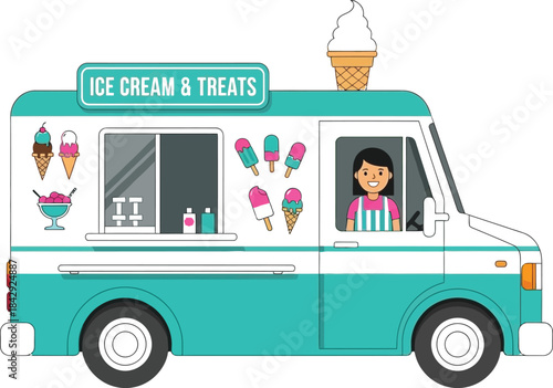 Charming teal ice cream truck offering various frozen treats and delights