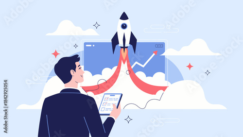 businessman watching a rocket launch from a screen with a growth chart vector illustration, successful startup launch and business growth
