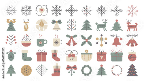 Nordic Winter Holiday Icon Set: Aesthetic Christmas Symbols Collection in Muted Earthy Tones and Minimal Style.
