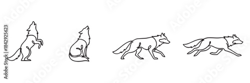 Continuous line art illustrations showcasing various actions of a wild wolf, including howling, walking, and running