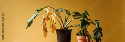 Healthy and wilting potted plants against yellow background