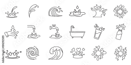 A collection of black line art water icons illustrating various splashes, waves, and faucets