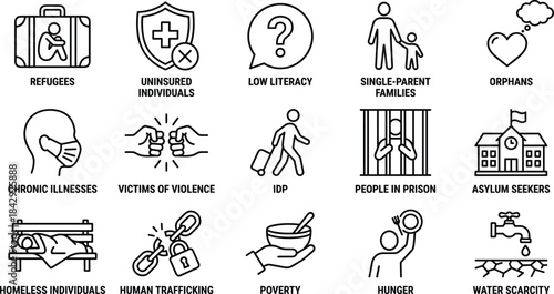 Black icon set representing vulnerable populations and global social issues for awareness, humanitarian aid, education, and nonprofit campaigns