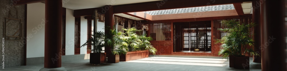 Naklejka premium Elegant asian-inspired courtyard with lush greenery and red wood accents