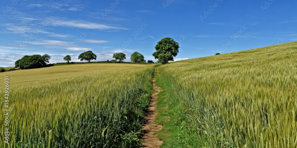 Fototapeta premium Scenic countryside path through lush green fields under blue sky