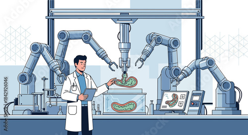 Advanced automated laboratory with robotic arms, scientist, and organ specimen for pharmaceutical