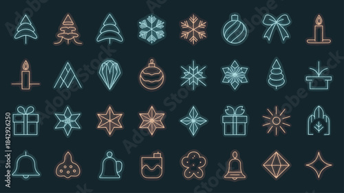 Neon Christmas Line Art Icon Set: Glowing Holiday Symbols Collection on Dark Background, Futuristic Vector Design.