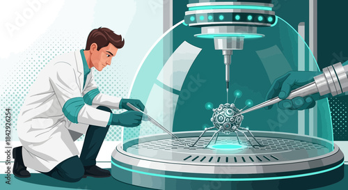 Advanced nanotechnology research with robotics and lab personnel analyzing nanobot under glass dome