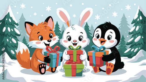 Adorable Cartoon Woodland Animals with Christmas Gifts: Fox, Bunny, and Penguin in Snowy Winter Landscape Illustration.