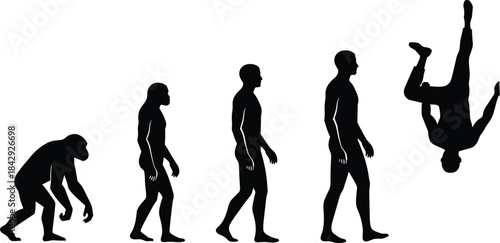 Evolution progression silhouette from ape to human ending with athlete flipping acrobat figure perfect for humor science artwork vector design