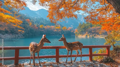 Two spotted deer stand by a serene lake surrounded by autumn foliage, creating a peaceful and picturesque scene.