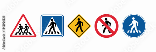 Collection of international pedestrian traffic signs featuring warning, mandatory, and prohibitive symbols, showcasing essential road safety guidance, clear vector icons, and standardized design ideal