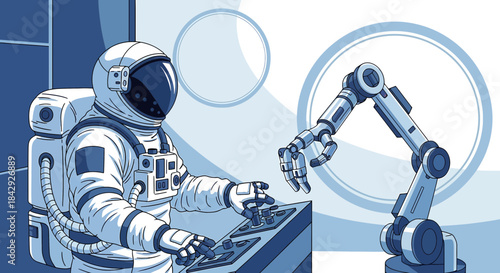 Astronaut controlling a robotic arm in space station, futuristic concept design illustration