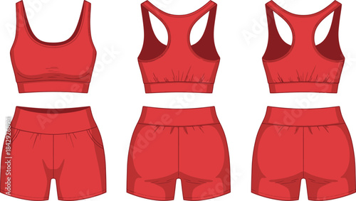 Red athletic apparel set featuring sports bras and high waisted shorts