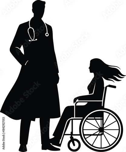 Doctor standing beside woman in wheelchair silhouette, medical support illustration showing healthcare professional assisting disabled patient in rehabilitation and treatment scene