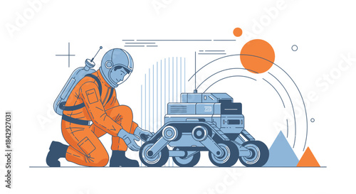 Astronaut repairs rover in a futuristic landscape exploration mission showcasing technological