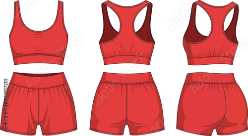 Red sports bra and shorts set displayed in front side and back views