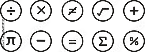 Black math symbol icon set in flat and line style, calculation sign collection featuring division, multiplication, equality, pi and percentage graphic group, minimal monochrome numeric vector pack