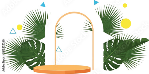 Tropical archway with palm leaves and geometric shapes for product display