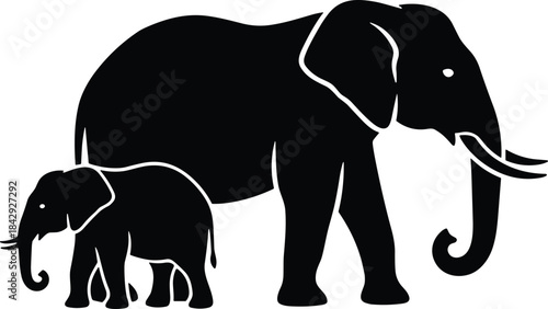 Silhouette of adult elephant walking beside baby calf, wildlife family scene symbolizing nature, protection, motherhood, animal bond and African safari illustration