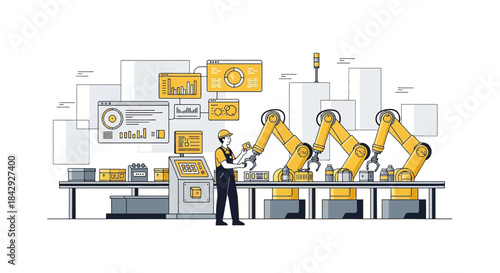 Automated factory line with robotic arms and a human operator managing the system smoothly