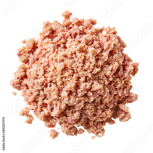 Ground meat pile on a white isolated background, ideal for culinary uses and recipes.